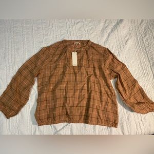 NWT Roolee Harvest Plaid Check Modest Prairie Long Sleeve Linen Top Blouse XXL